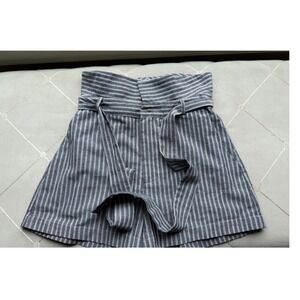 Bobi Black Grey White Striped Linen Blend Paperbag Waist Shorts Womens Size S